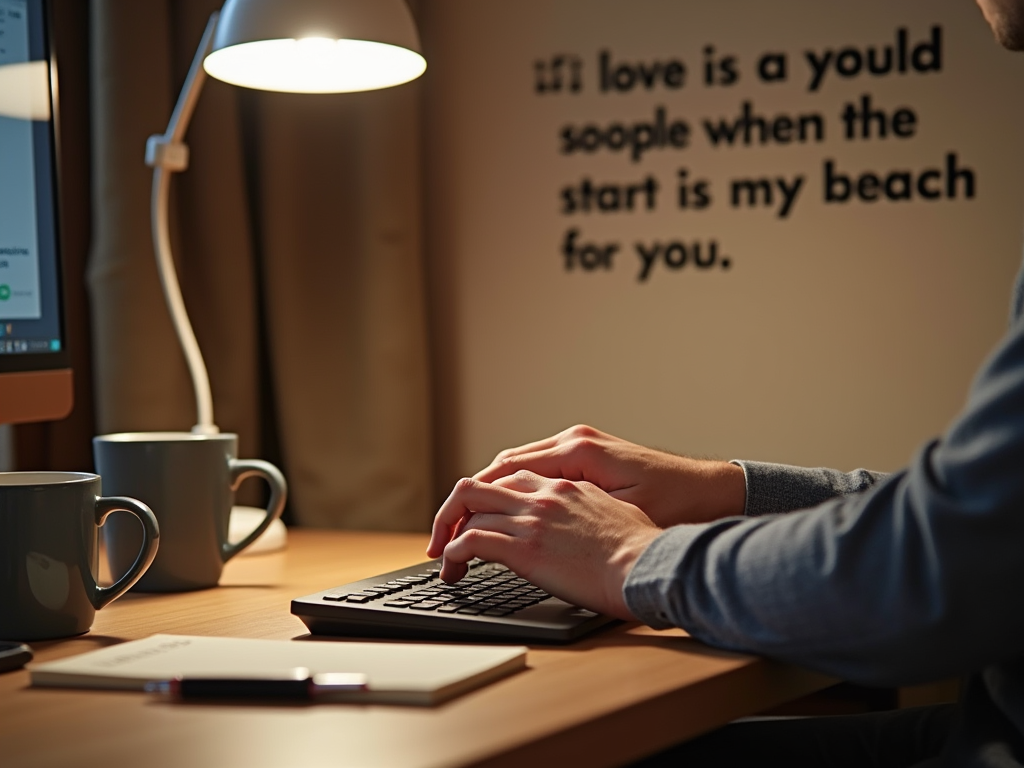 Person typing on a computer with a quote on the screen and a lamp above in a cozy setup.