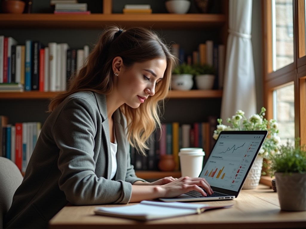 Woman analyzing financial data on laptop in a cozy home office.